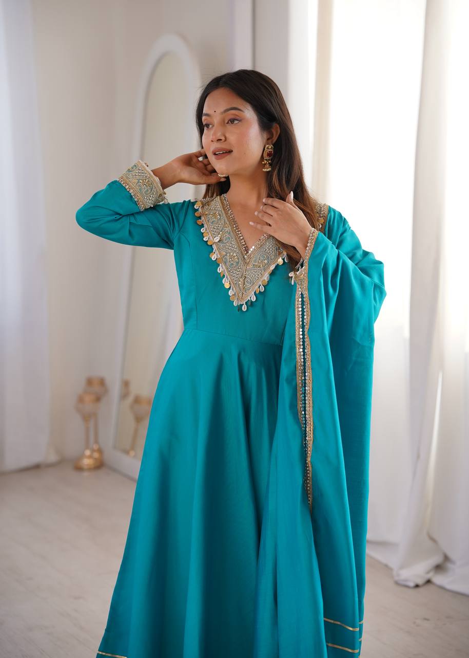 Teal Blue Anarkali Suit Set with Shell Embellishment & Gota Patti