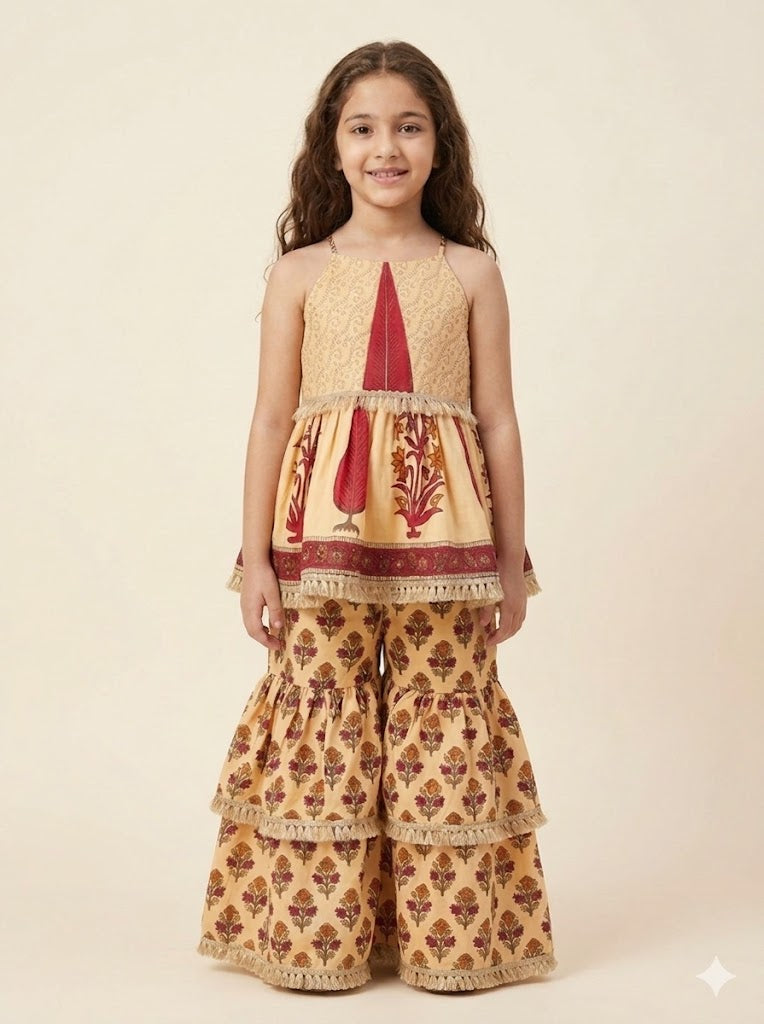 Girls Beige & Maroon Floral Printed Noodle Strap Kurti with Tiered Sharara Set