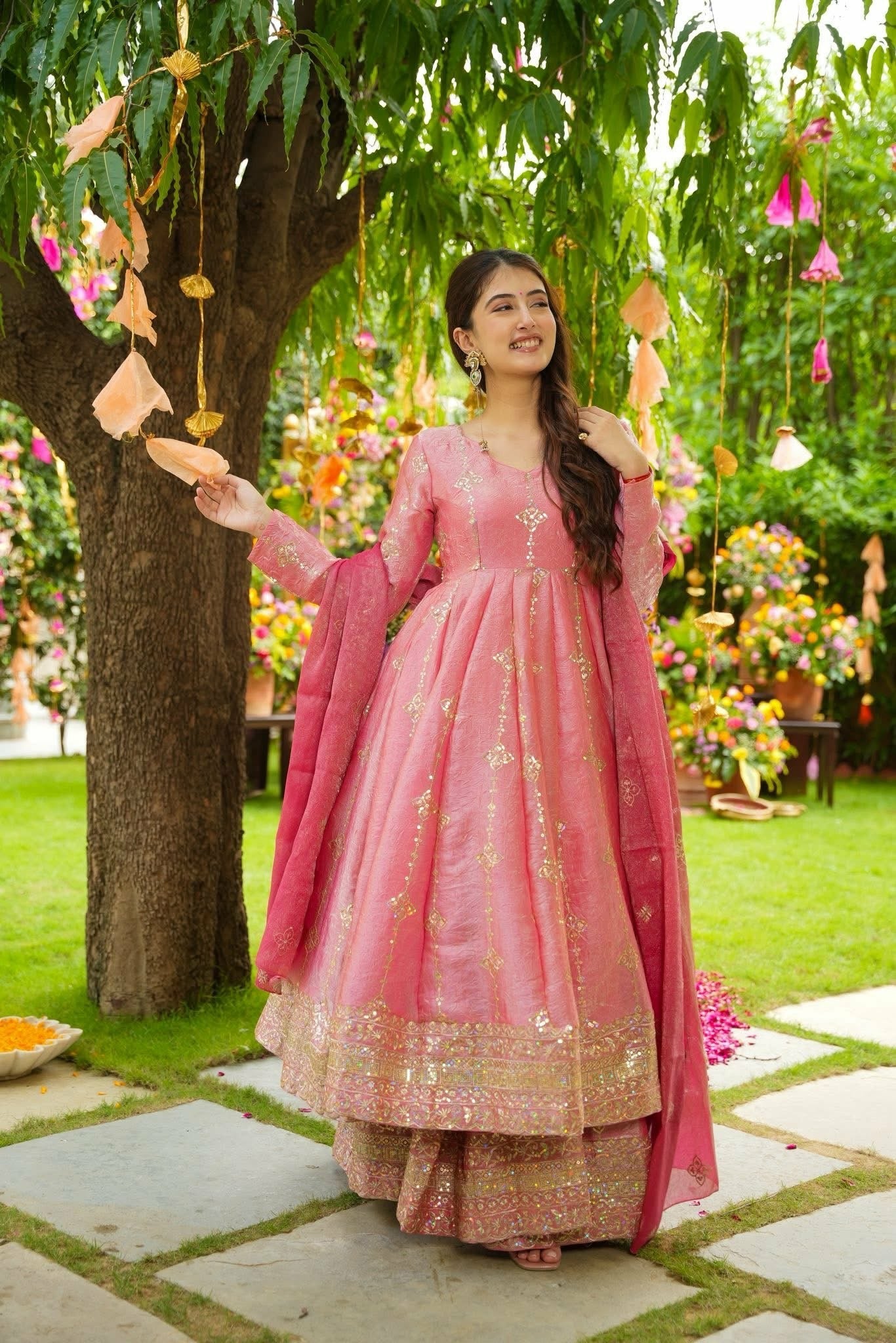 Designer Olive Green & Pink Tissue Organza Embroidered Anarkali Suit Set with Flared Lehenga Skirt & Dupatta for Women