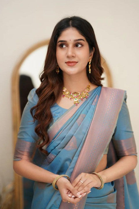 Pastel Blue Silk Saree with Rose Gold Zari Border