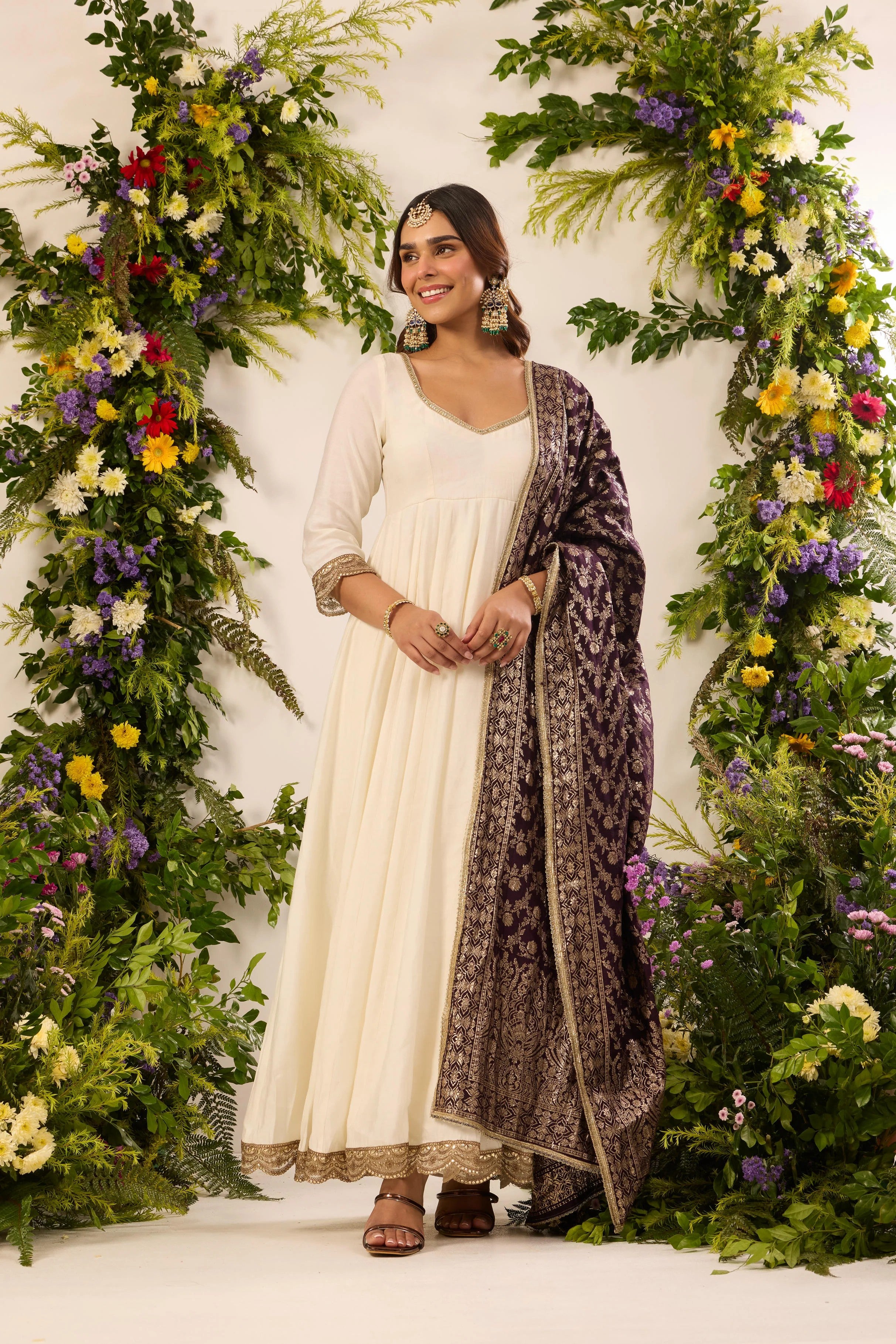 Off-White Anarkali Suit Set with Embroidered Border & Heavy Banarasi Zari Woven Dupatta