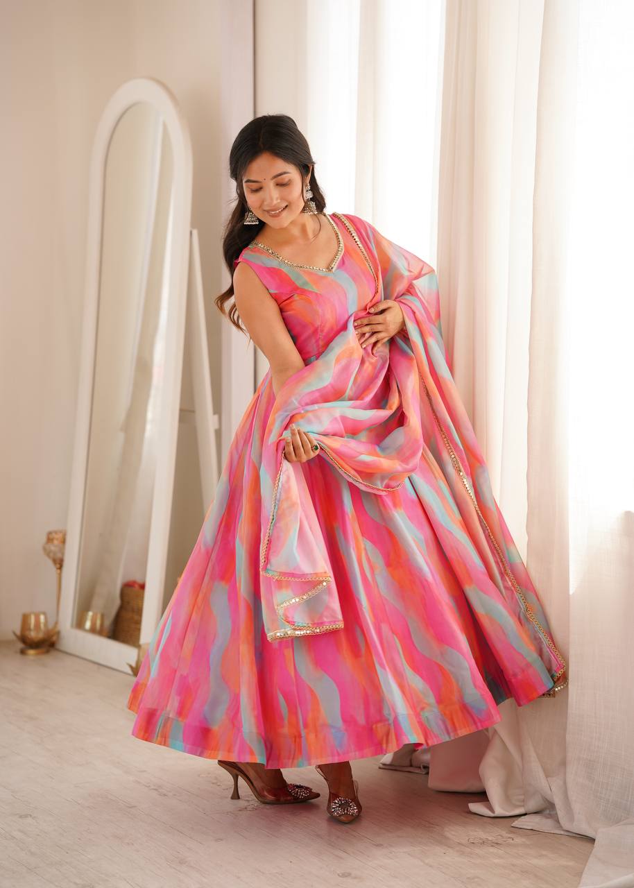 Multi-Color Abstract Printed Anarkali Suit Set with Dupatta