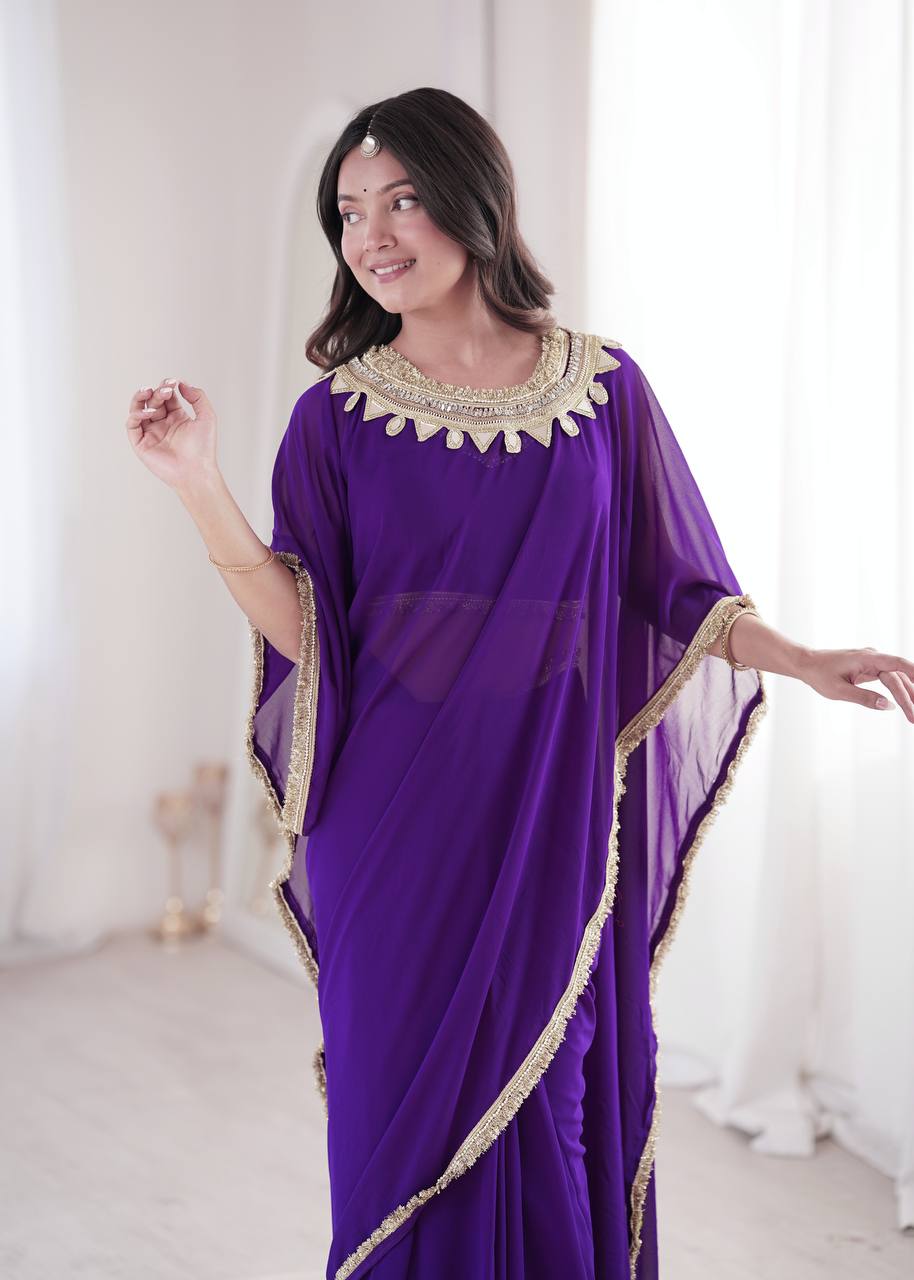 Purple Georgette Kaftan Saree with Heavily Embroidered Neck Collar