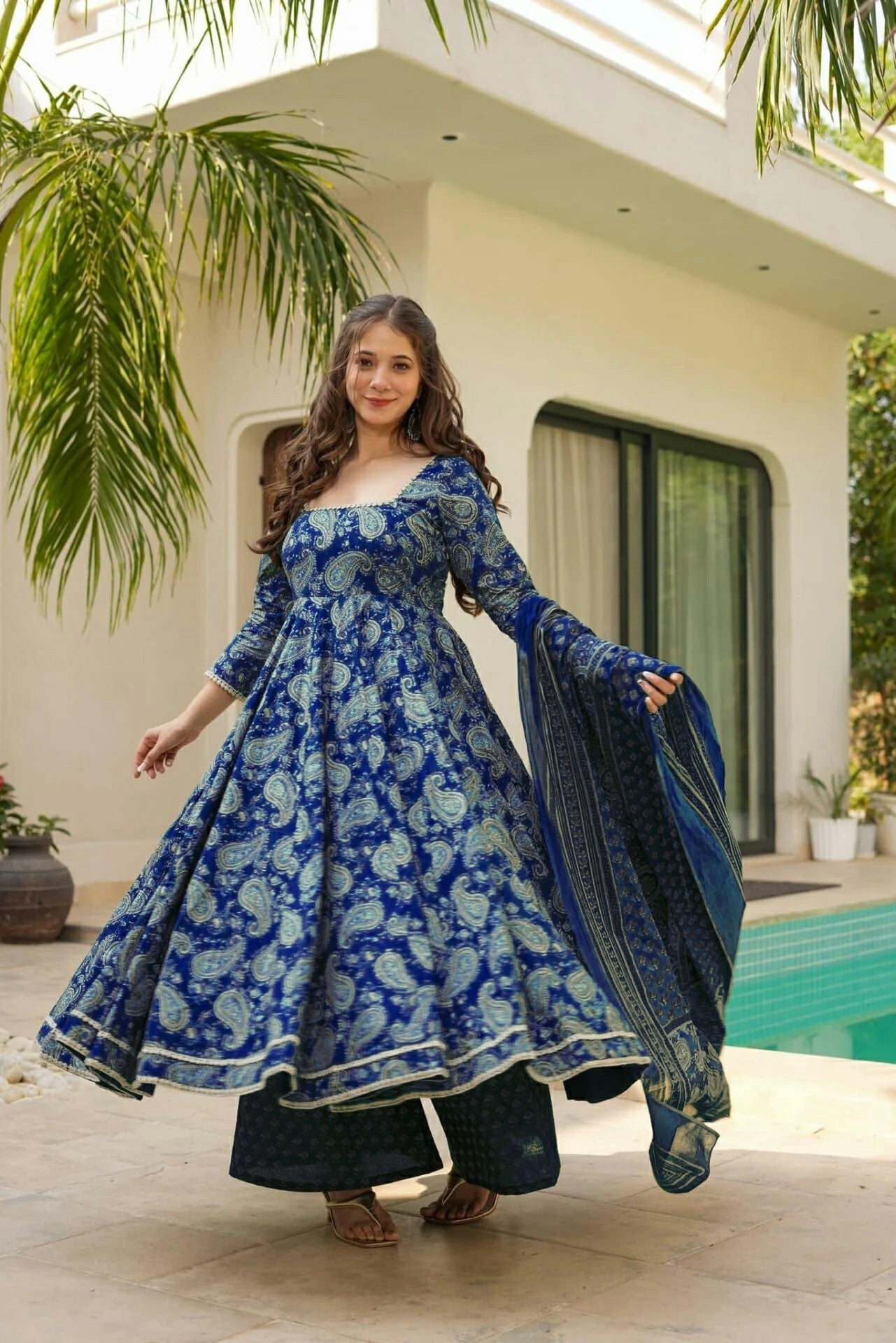 Blue Printed Anarkali Suit Set for Women