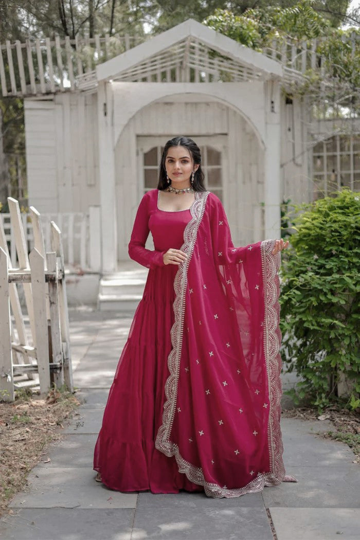 Hot Pink Anarkali Gown with Embroidered Dupatta for Women