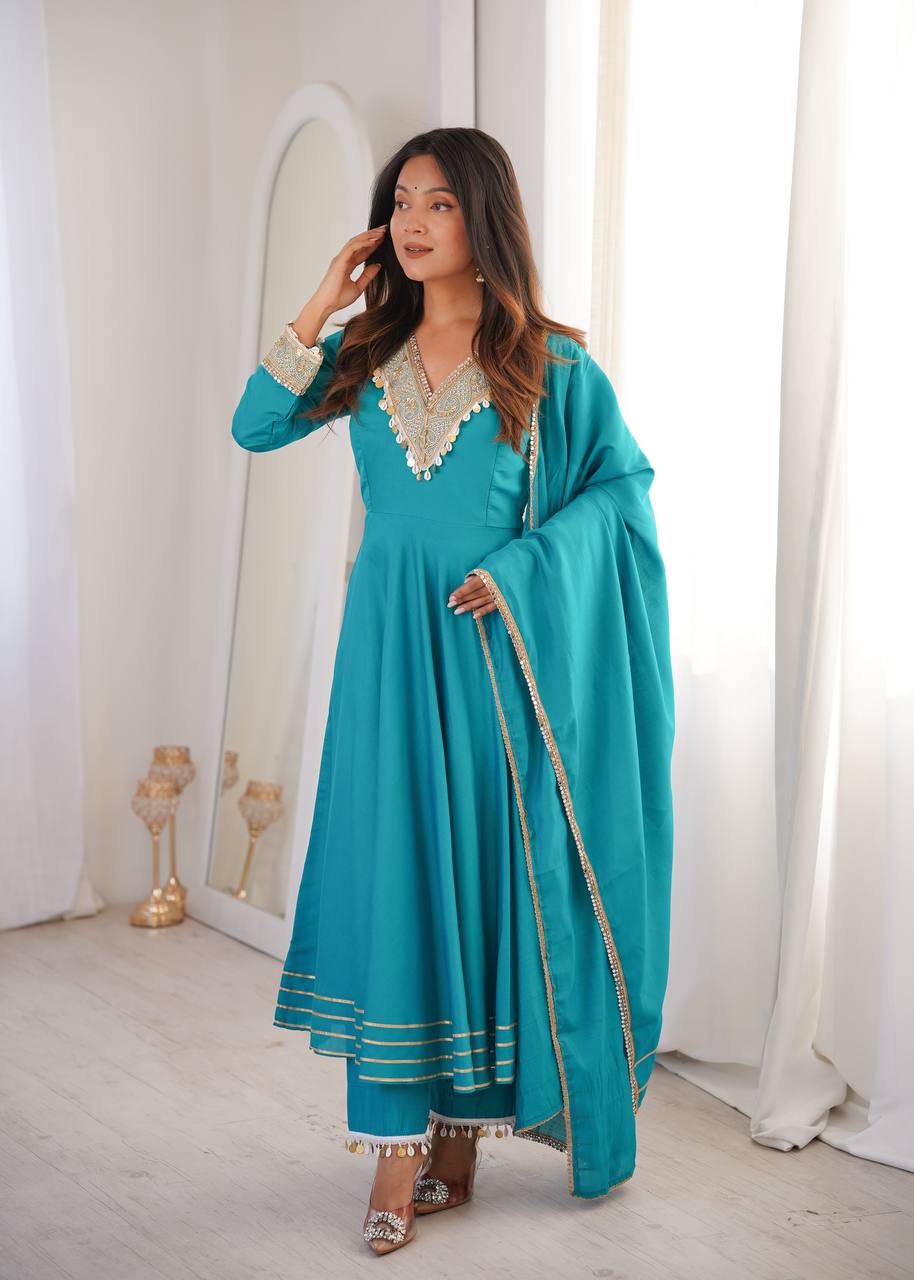 Teal Blue Anarkali Suit Set with Shell Embellishment & Gota Patti