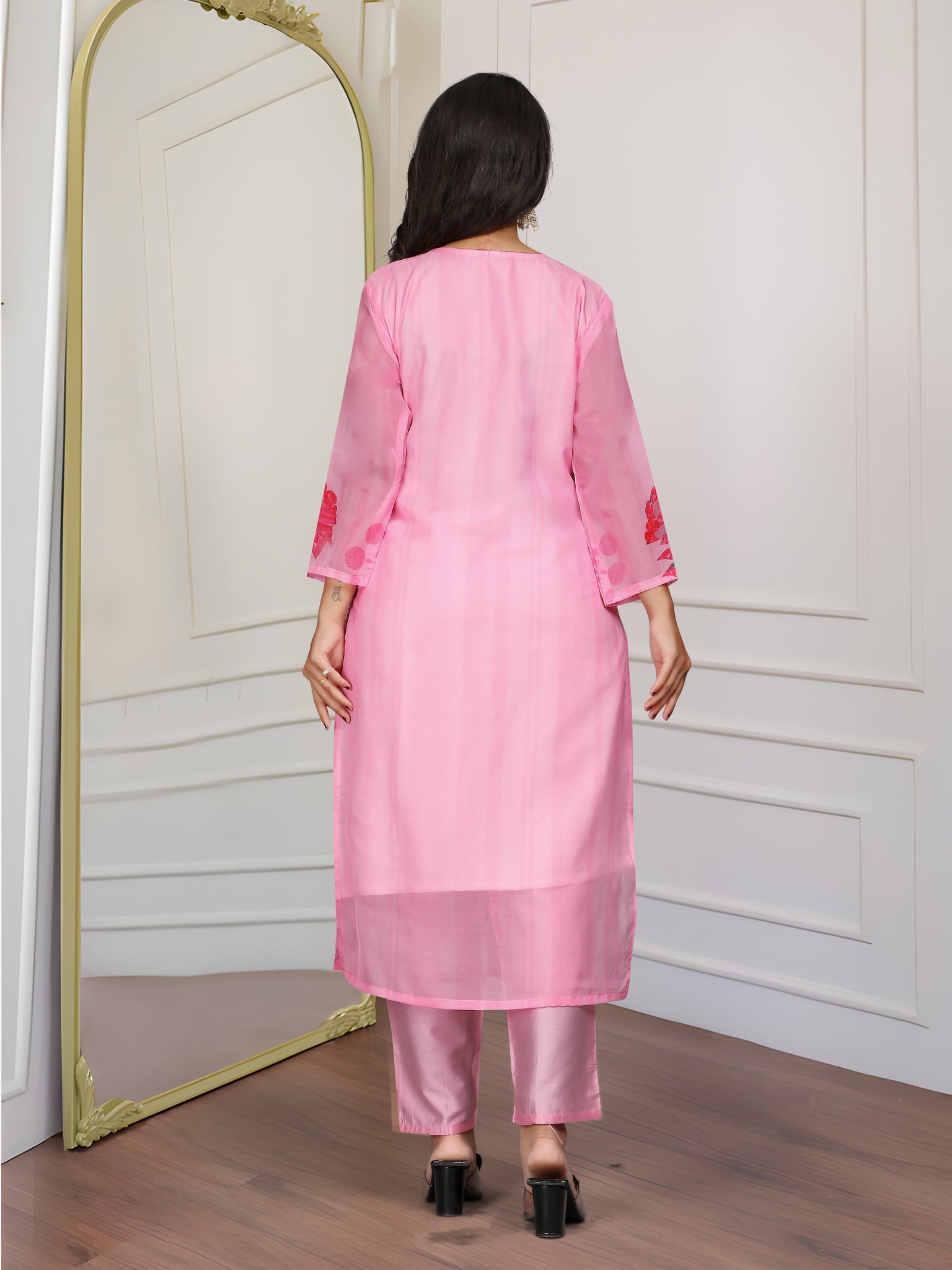 Pink Floral Print Organza Kurta Set