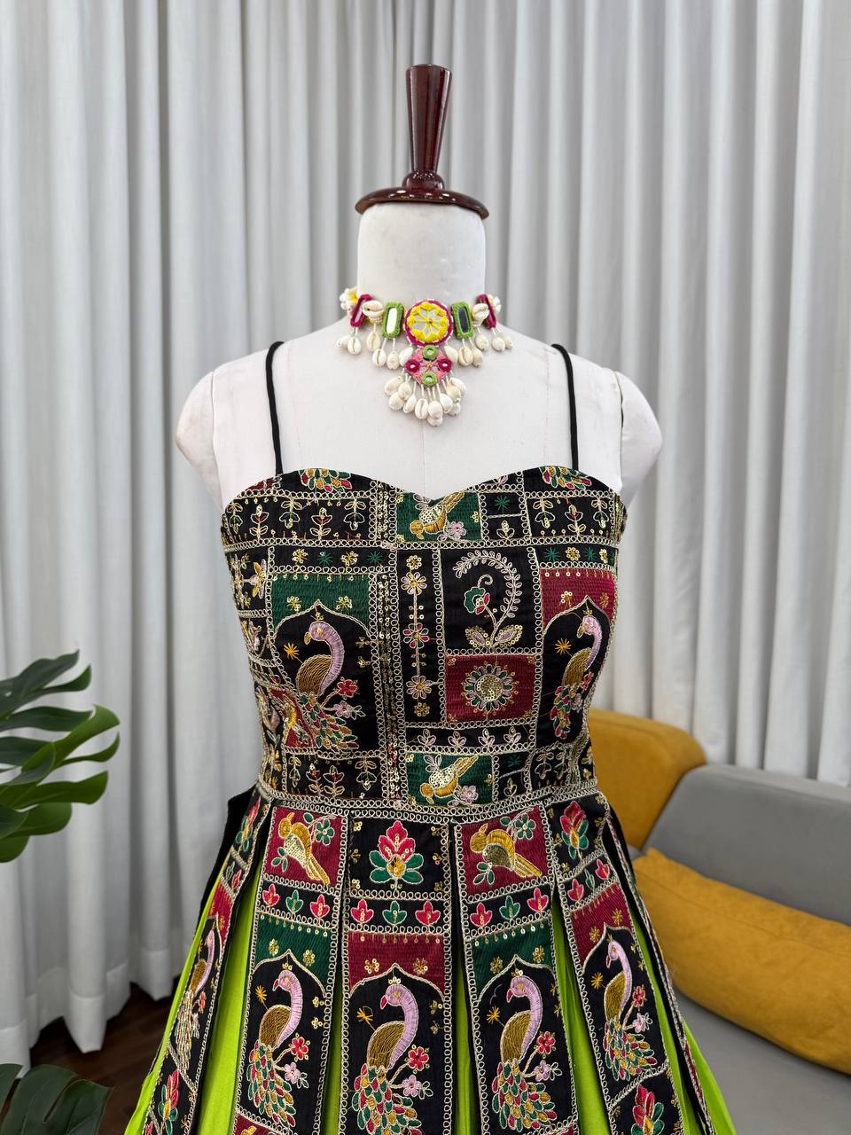 Parrot Green Spaghetti Strap Gown with Peacock Patchwork Panels