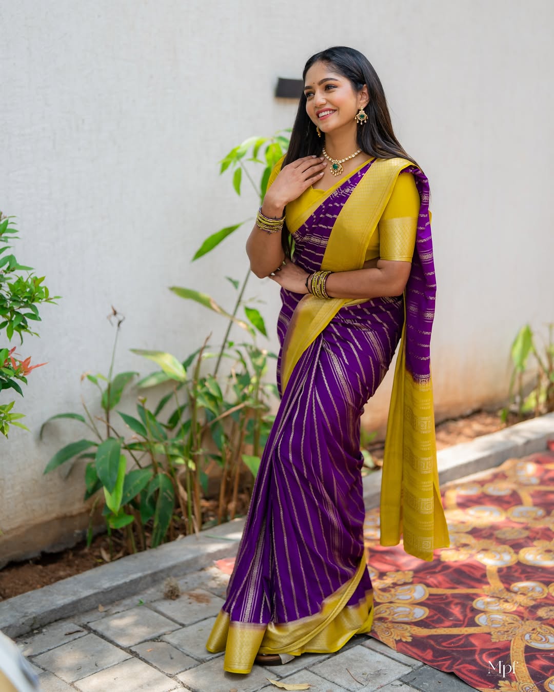 Purple Silk Saree with Yellow Contrast & Zari Stripes