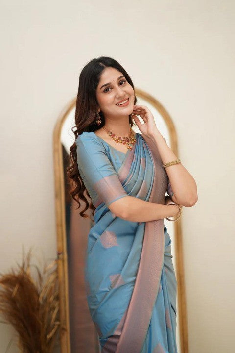 Pastel Blue Silk Saree with Rose Gold Zari Border