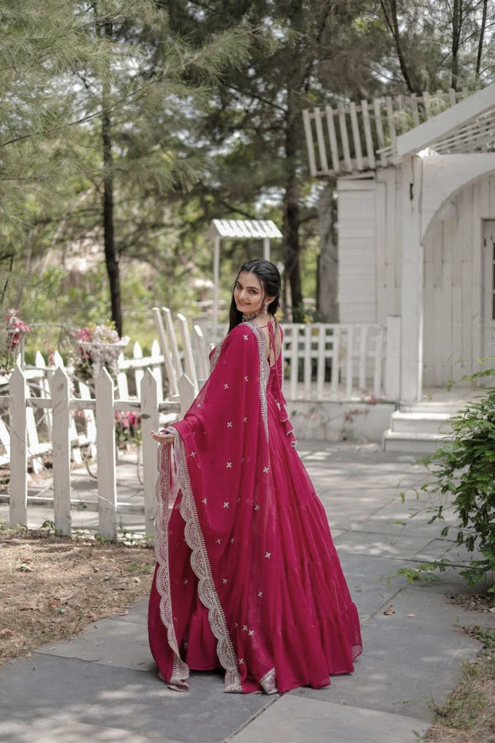Hot Pink Anarkali Gown with Embroidered Dupatta for Women