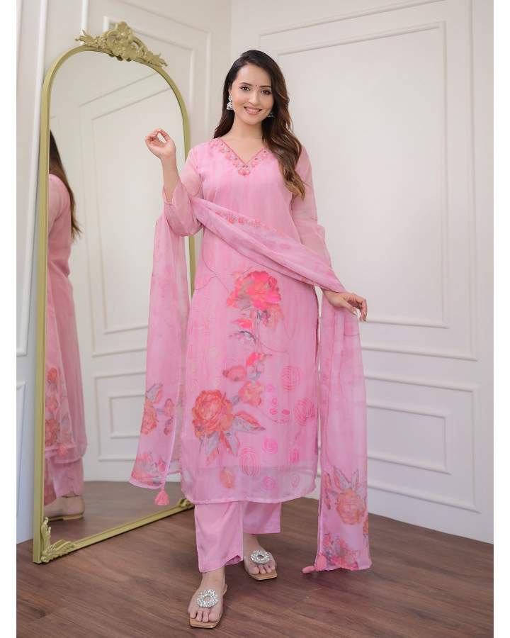 Pink Floral Print Organza Kurta Set