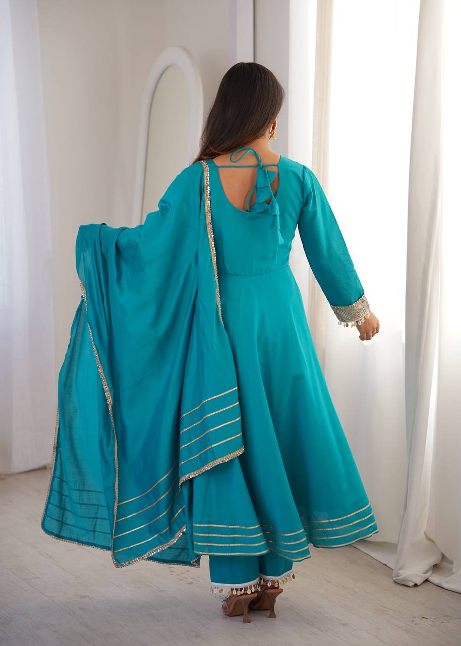 Teal Blue Anarkali Suit Set with Shell Embellishment & Gota Patti