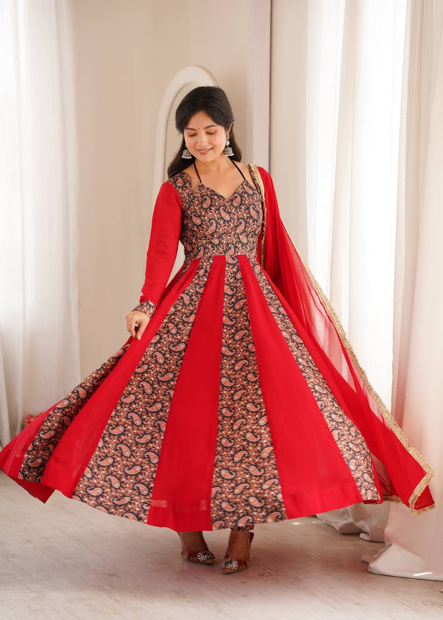 Red and Black Paisley Printed Anarkali Suit Set with Dupatta
