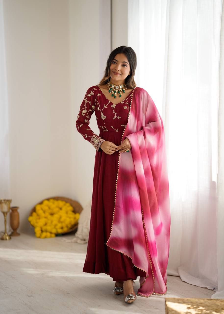 Elegant Floral Embroidered Tissue Silk Flared Anarkali Suit with Marble Print Organza Dupatta Set for Women