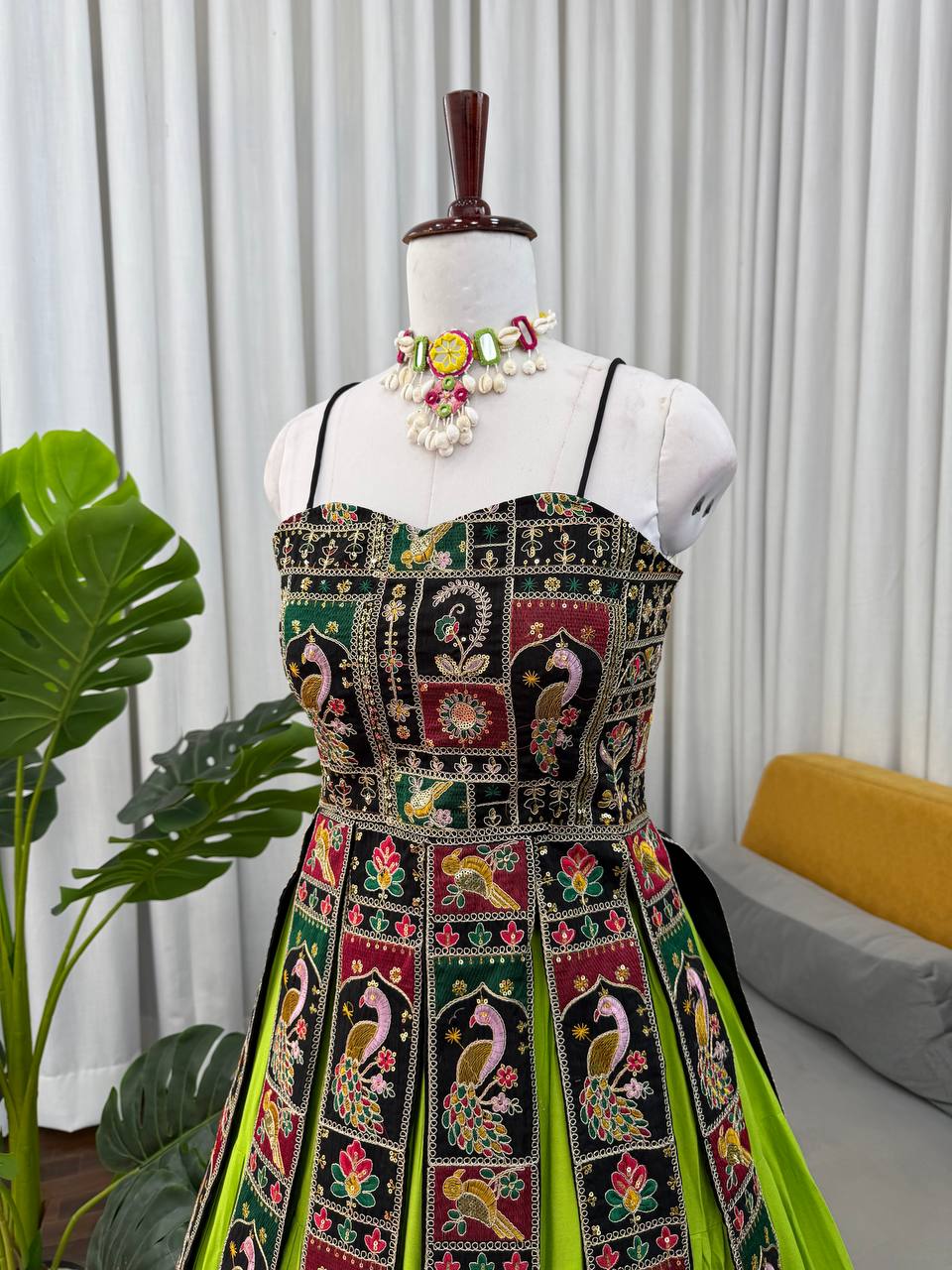 Parrot Green Spaghetti Strap Gown with Peacock Patchwork Panels