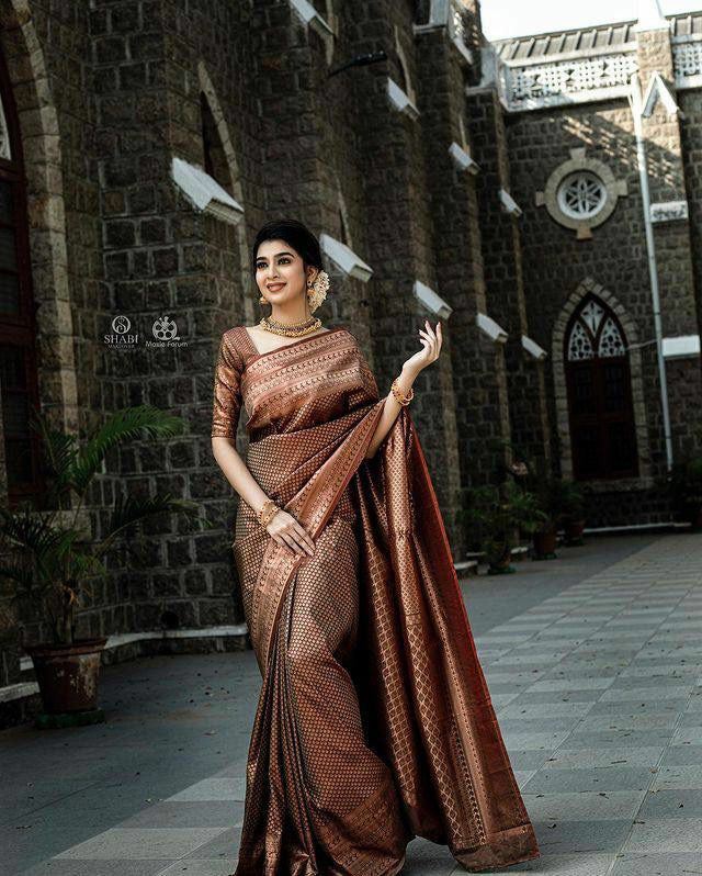 Rich Brown Silk Saree with Zari Weaving & Designer Border