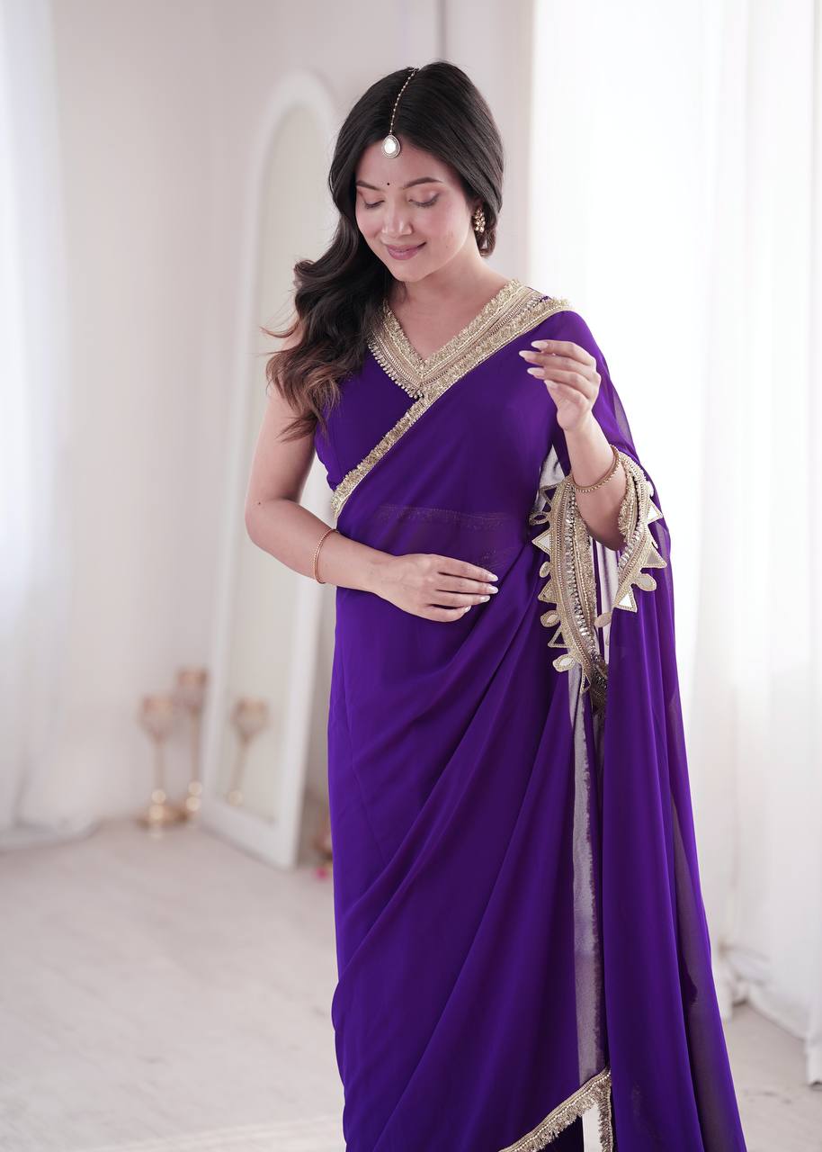 Purple Georgette Kaftan Saree with Heavily Embroidered Neck Collar