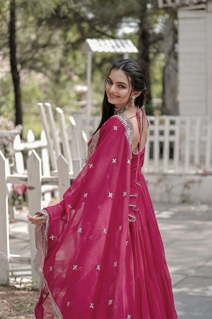 Hot Pink Anarkali Gown with Embroidered Dupatta for Women