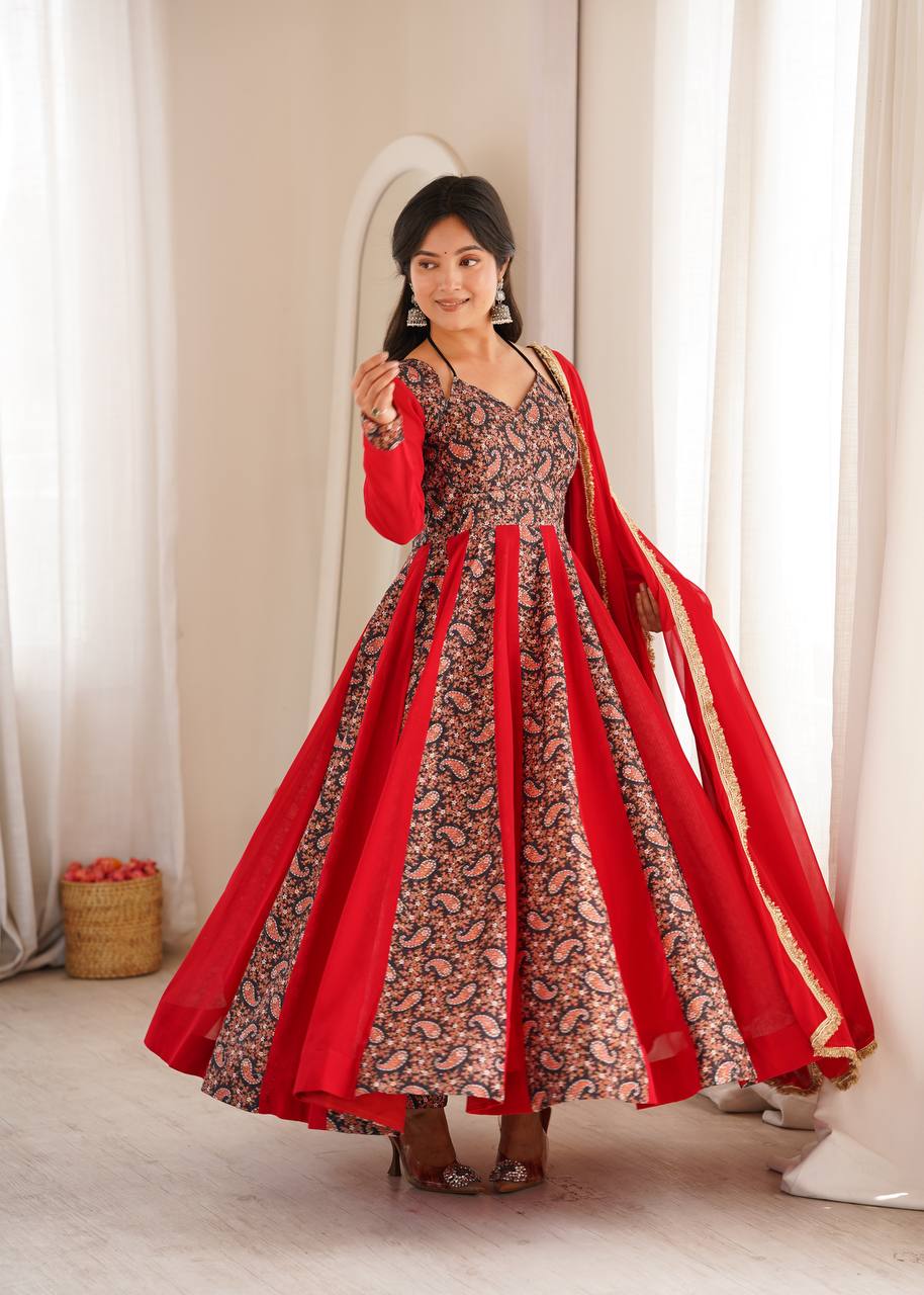 Red and Black Paisley Printed Anarkali Suit Set with Dupatta