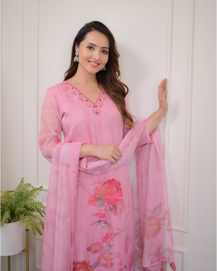 Pink Floral Print Organza Kurta Set