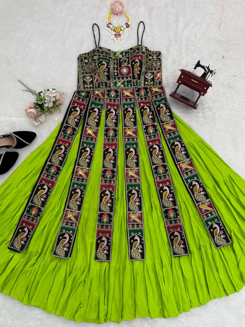Parrot Green Spaghetti Strap Gown with Peacock Patchwork Panels