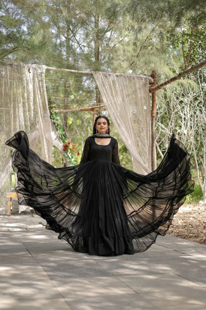 Women's Black Tiered Georgette Anarkali Gown with Heavy Scalloped Embroidery Dupatta