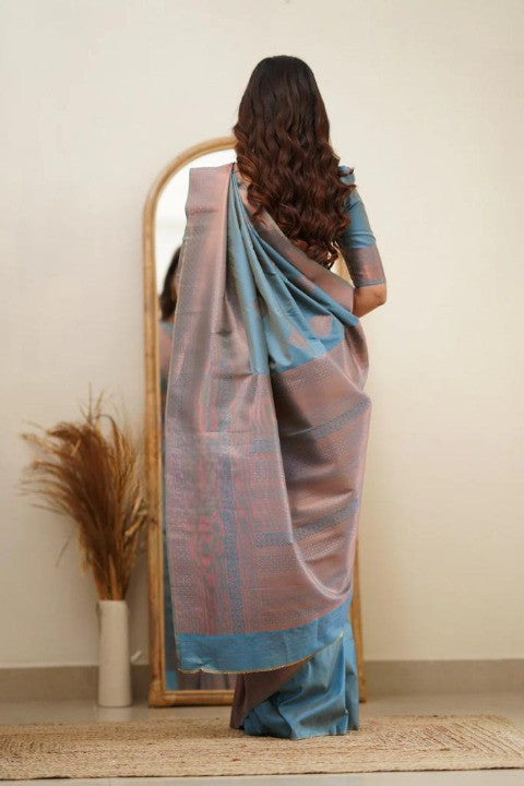 Pastel Blue Silk Saree with Rose Gold Zari Border