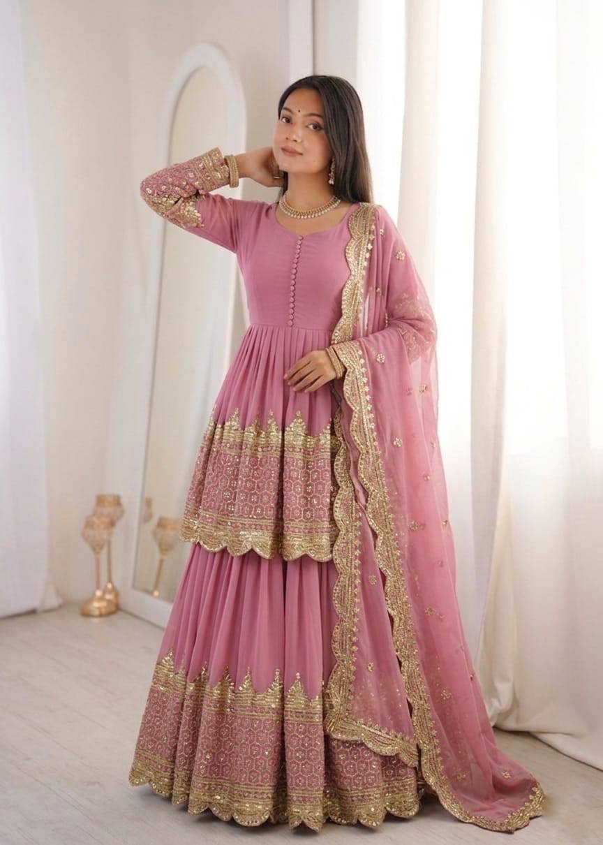 Georgette Tiered Peplum Kurti with Sharara & Net Dupatta Set