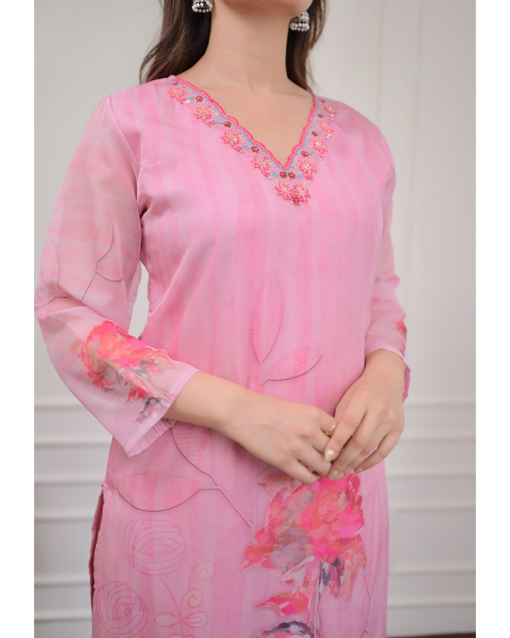 Pink Floral Print Organza Kurta Set