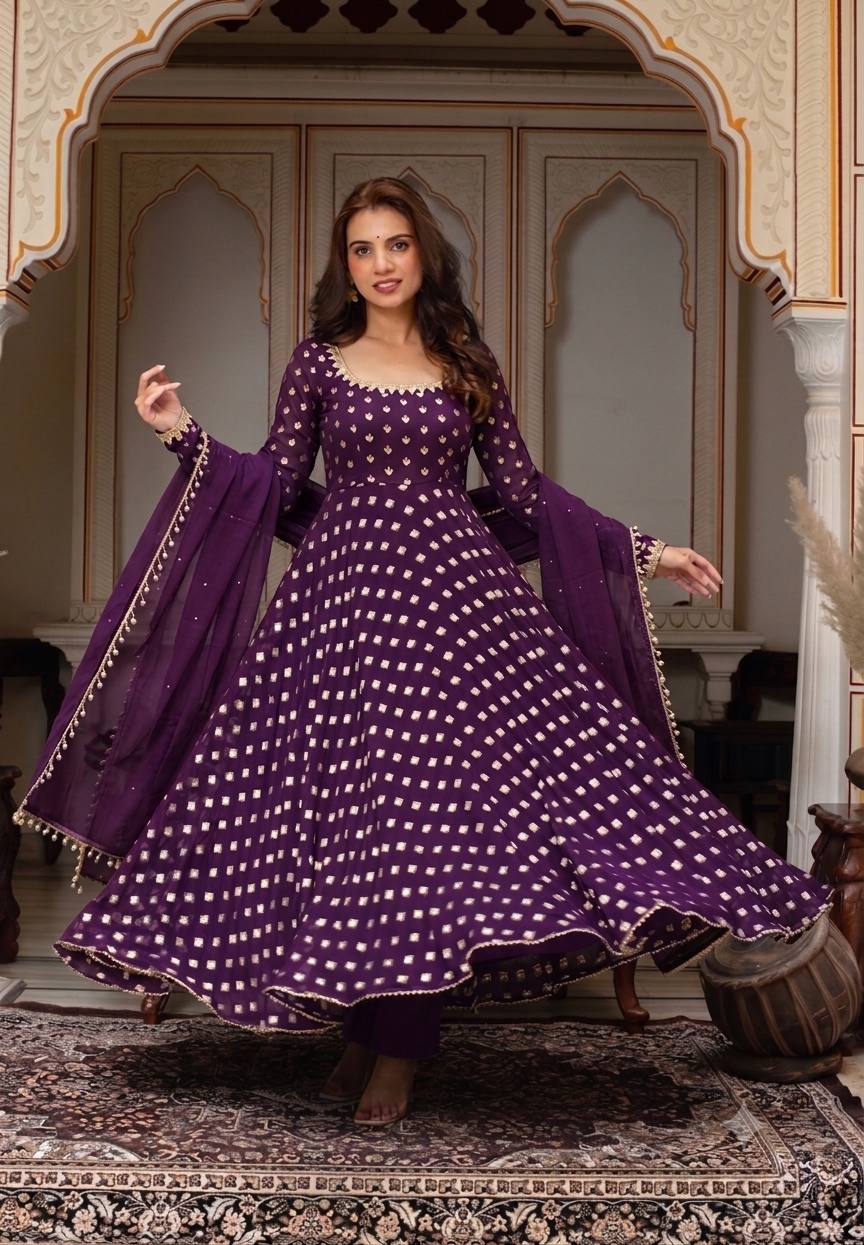 Metallic Foil Printed Flared Anarkali Suit Set with Dupatta & Pants