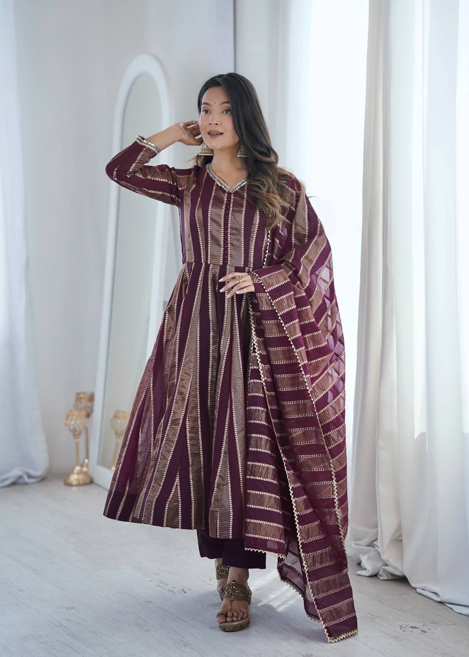 Striped Chanderi Silk Anarkali Suit Set with Leheriya Striped Dupatta & Pants
