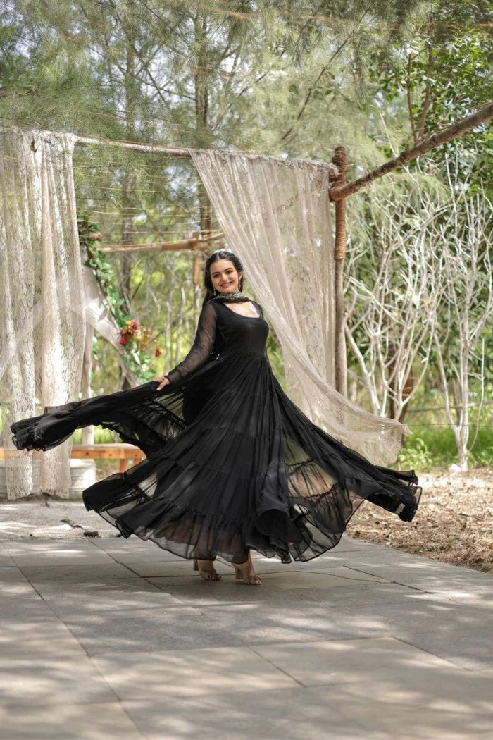 Women's Black Tiered Georgette Anarkali Gown with Heavy Scalloped Embroidery Dupatta