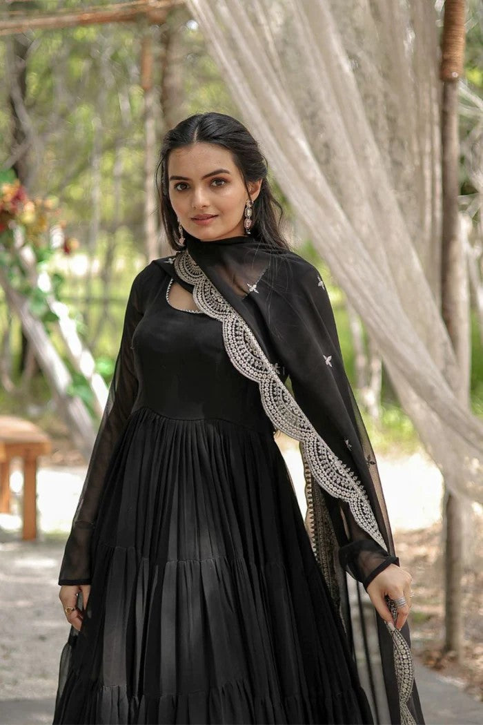Women's Black Tiered Georgette Anarkali Gown with Heavy Scalloped Embroidery Dupatta