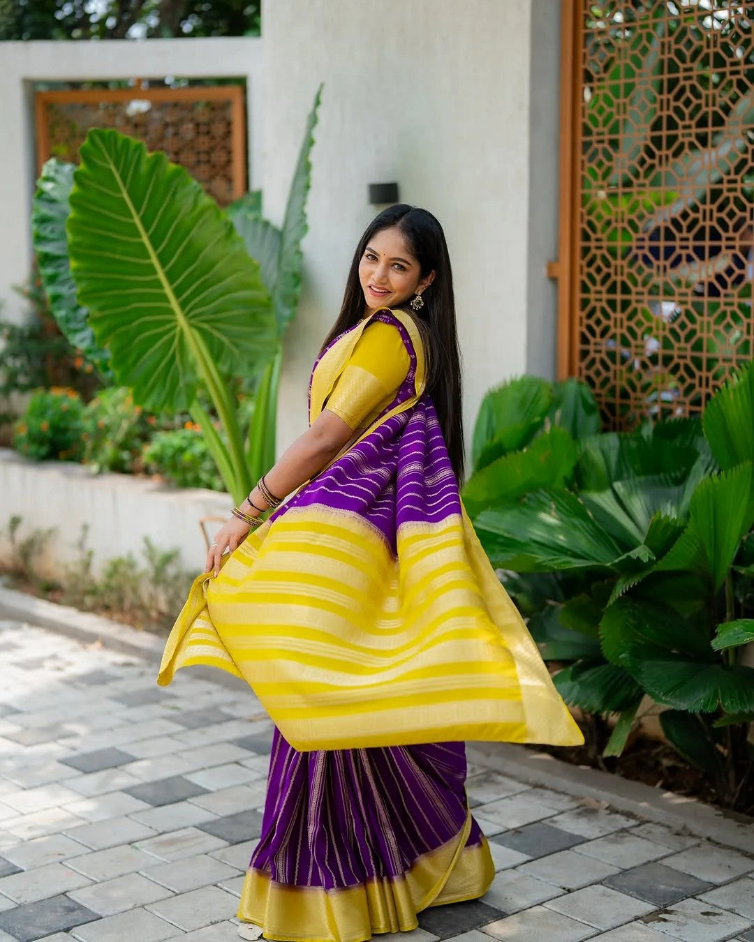 Purple Silk Saree with Yellow Contrast & Zari Stripes