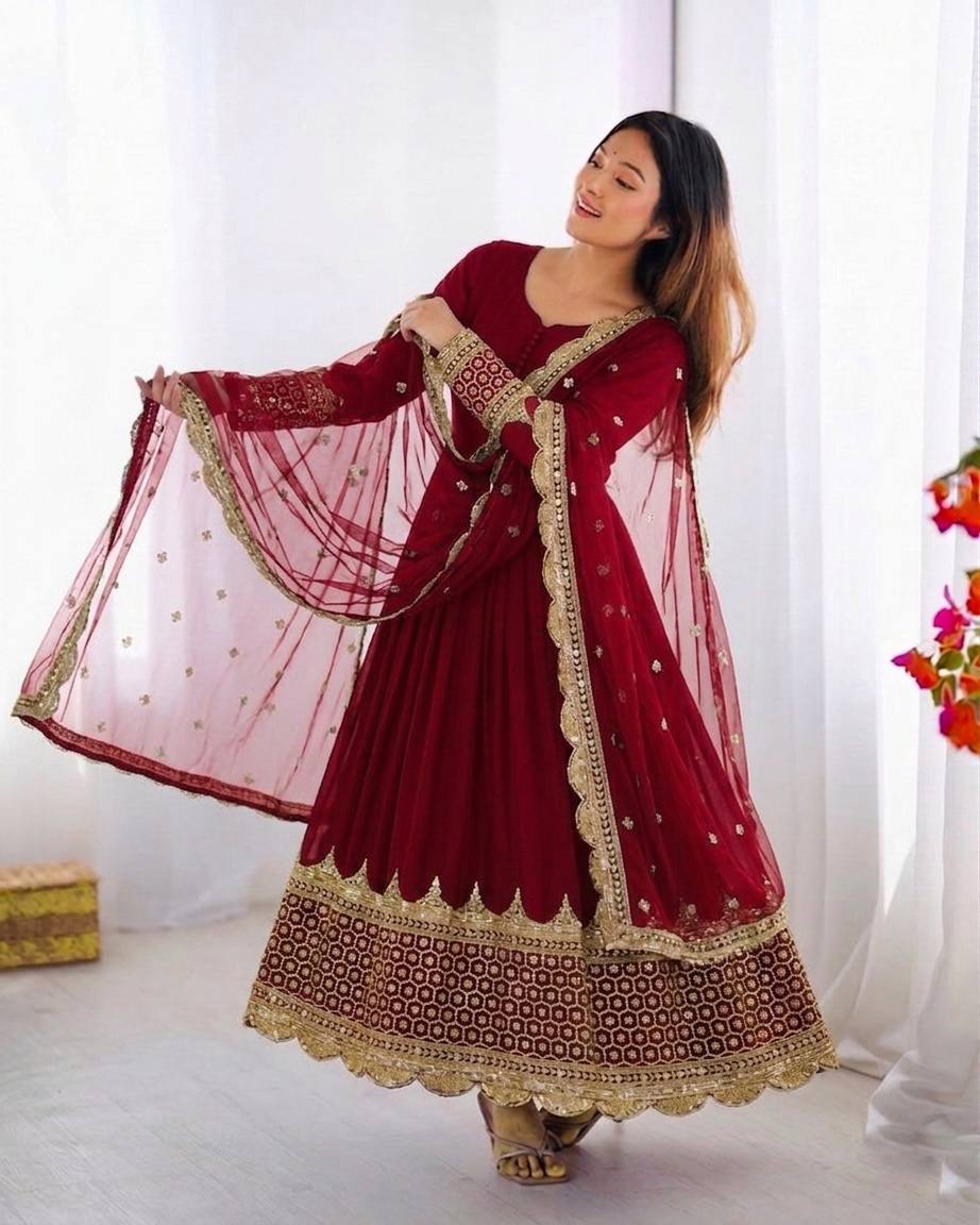 Georgette Anarkali Suit Set with Heavy Scallop Embroidered Border & Dupatta