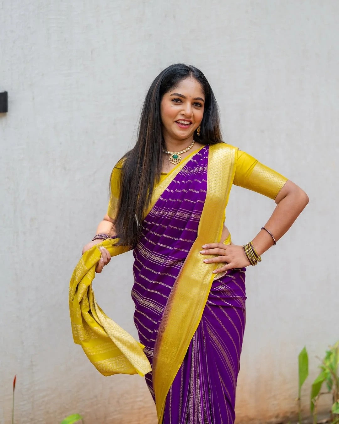 Purple Silk Saree with Yellow Contrast & Zari Stripes