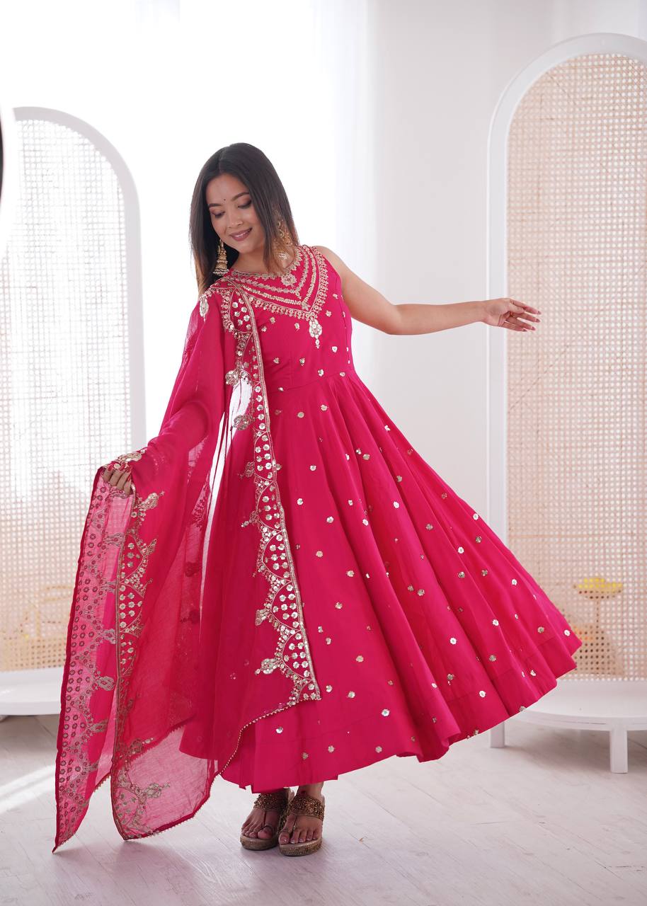 Sleeveless Heavy Yoke Embroidered Anarkali Suit with Cutwork Mirror Border Dupatta Set for Women