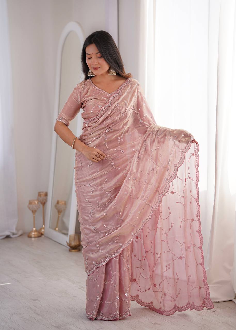 Tissue Organza Embroidered Saree with Cutwork Border & Unstitched Blouse Piece