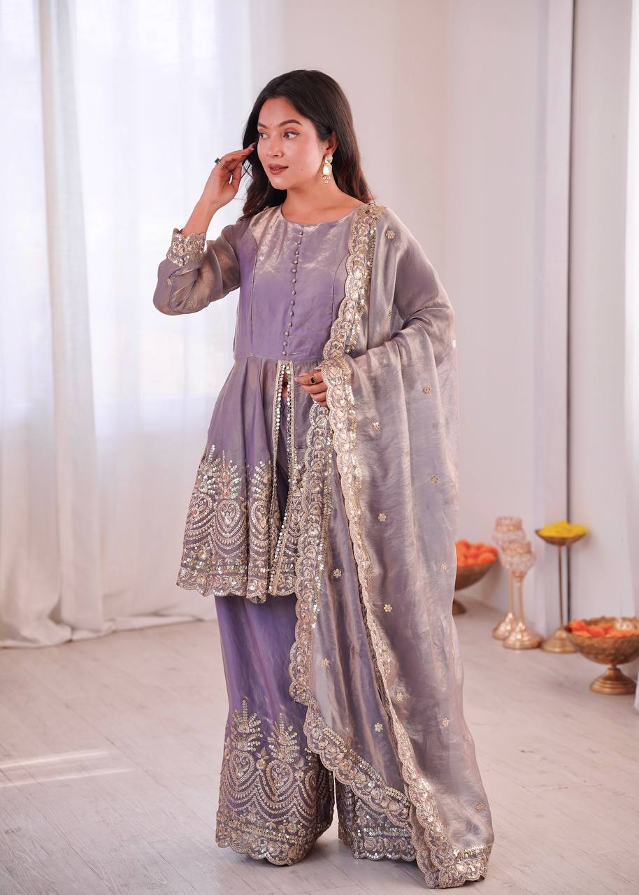 Heavily Embellished Tissue Silk Short Kurta Sharara Set with Organza Dupatta