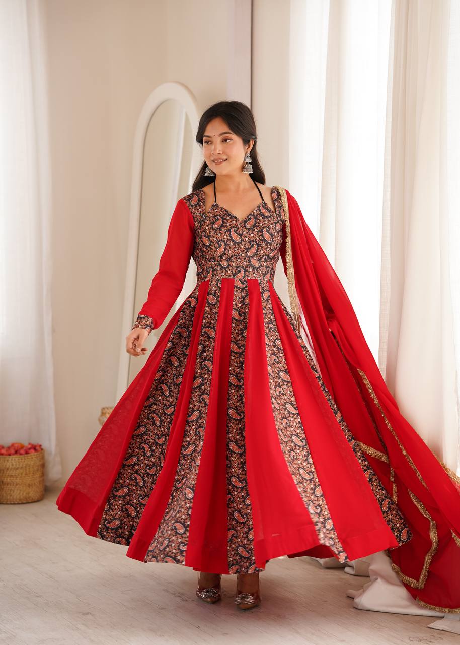 Red and Black Paisley Printed Anarkali Suit Set with Dupatta