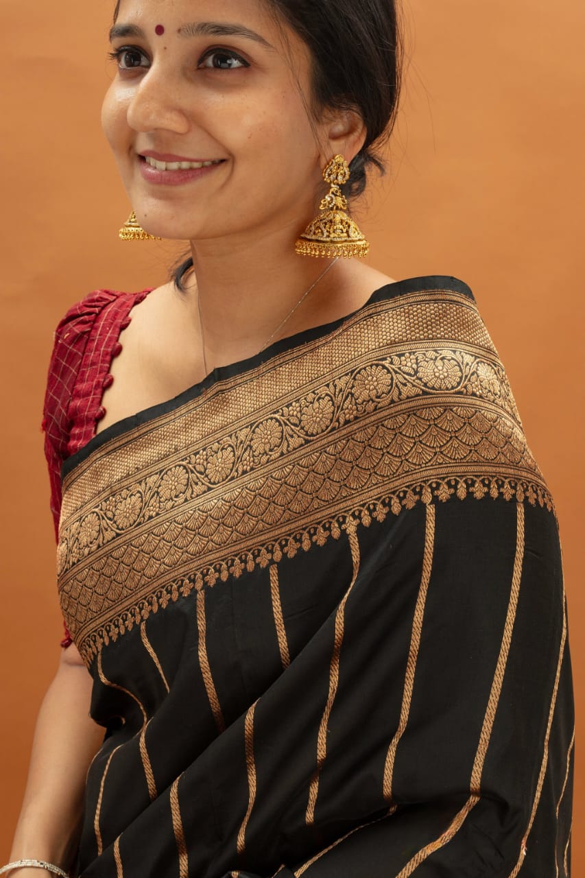 Black Silk Saree with Gold Zari Border