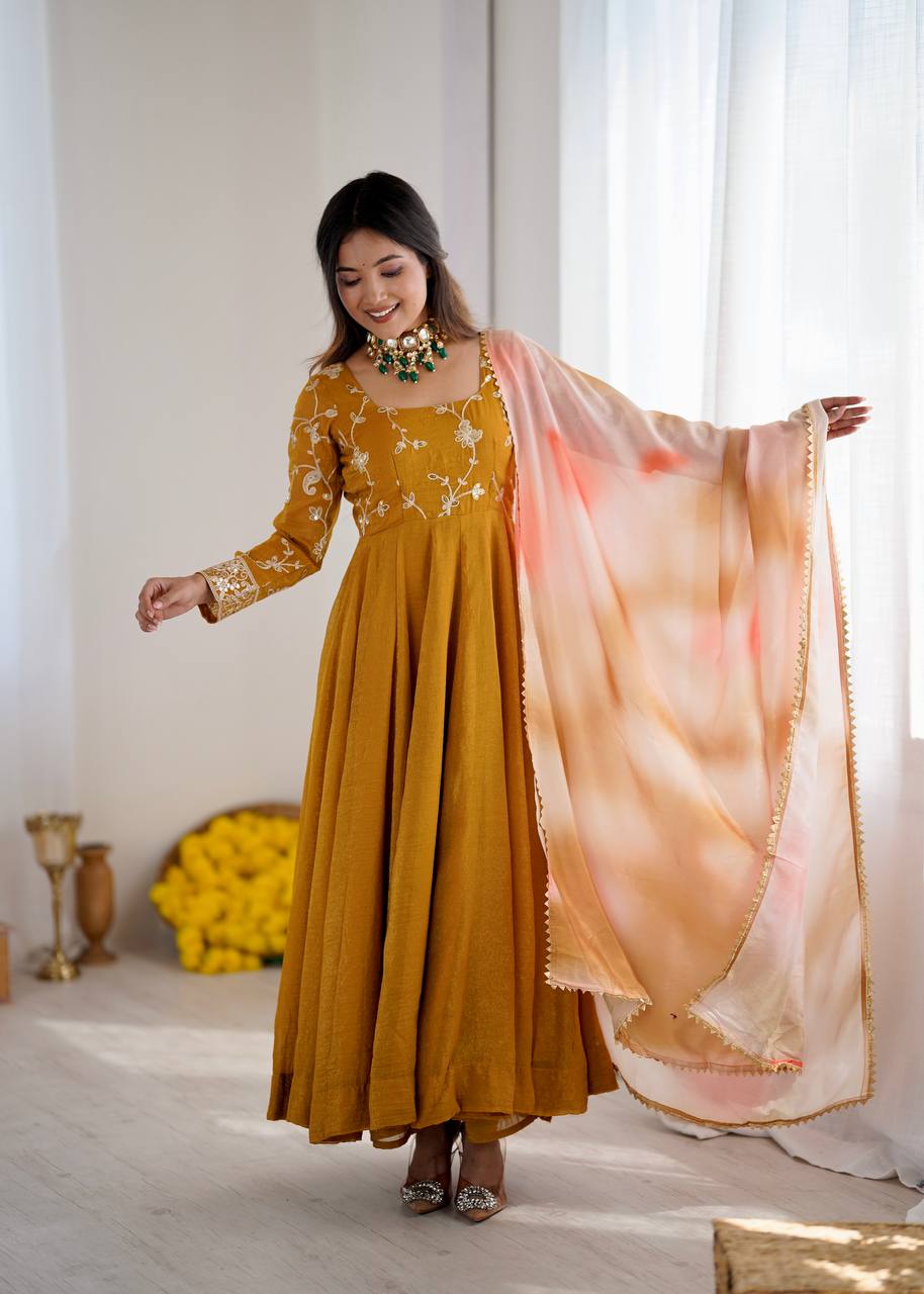 Elegant Floral Embroidered Tissue Silk Flared Anarkali Suit with Marble Print Organza Dupatta Set for Women