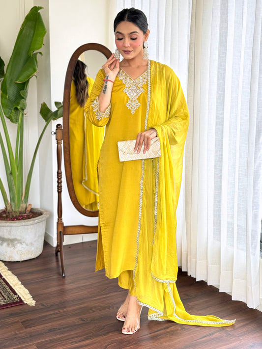 Festival Wear Yellow Viscos Chanderi Kurta Set