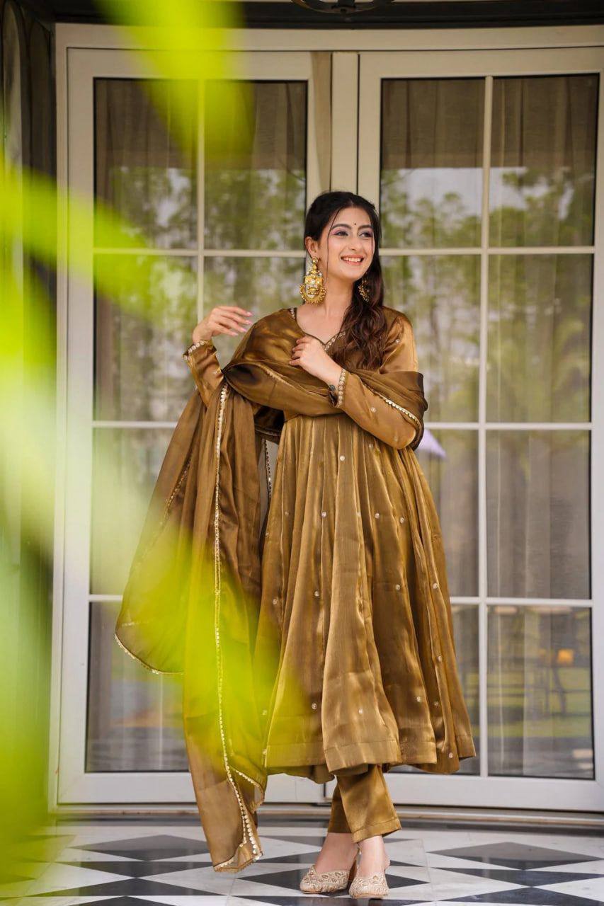 Luxurious Olive Gold Metallic Tissue Anarkali Kurti with Pants & Bordered Dupatta Set for Women