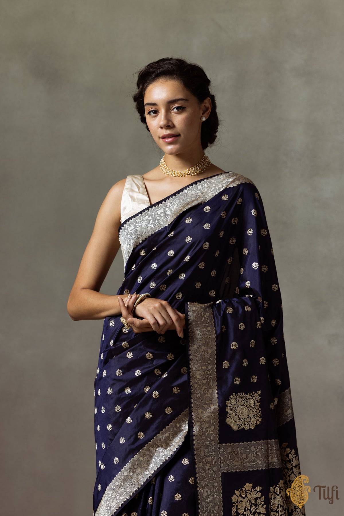 Blue Banarasi Silk Saree with Gold Zari Motifs & Border