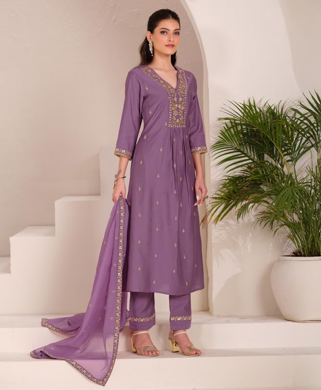 Lavender Embroidered Kurta Set with Dupatta for Women