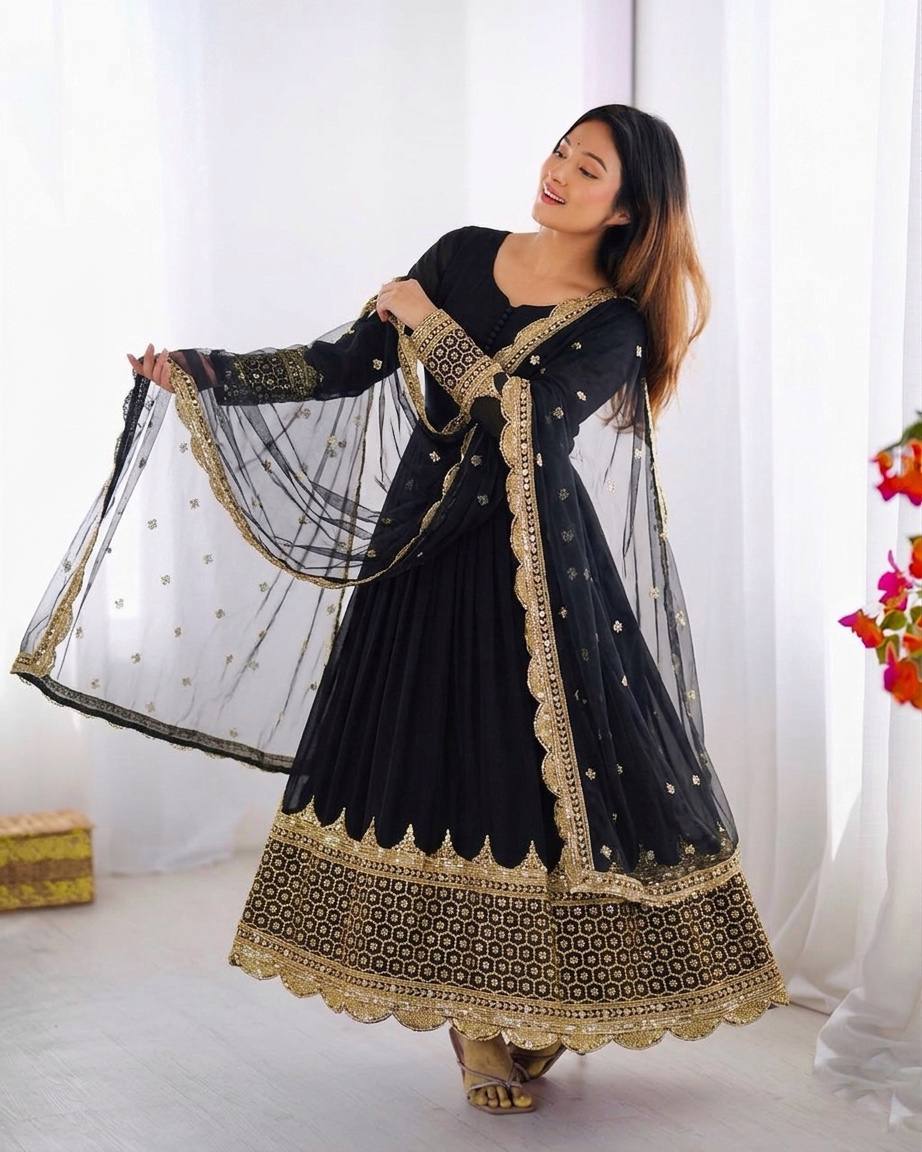 Georgette Anarkali Suit Set with Heavy Scallop Embroidered Border & Dupatta