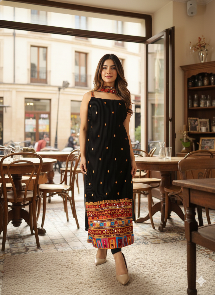 Black Embroidered Kurta Set for Women with Palazzo Pants | Ethnic Printed Designer Kurti Outfit (Copy)