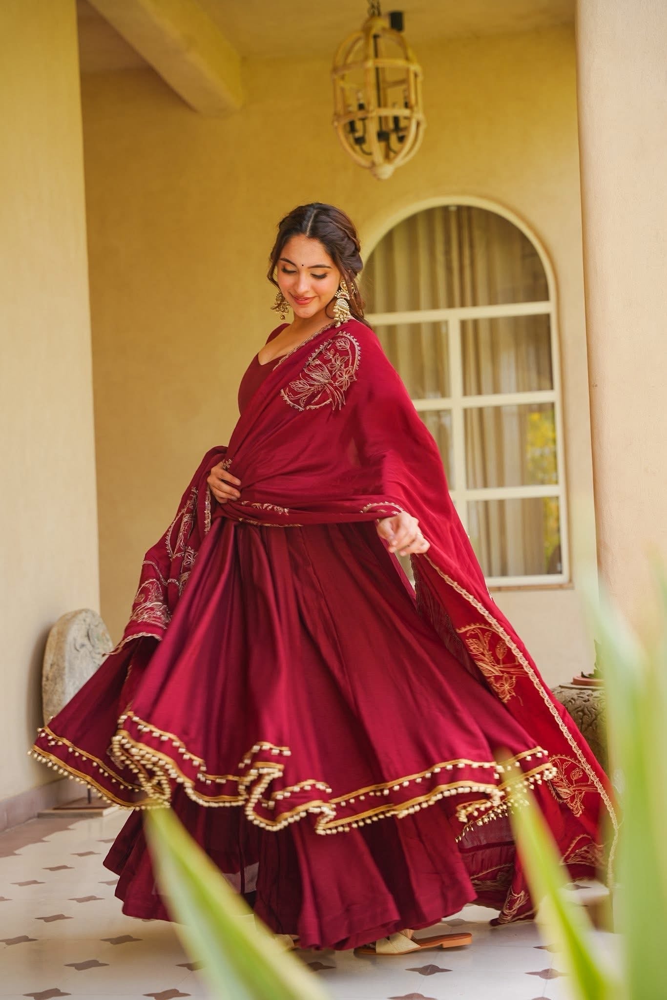 Royal Wine Embroidered Anarkali Gown with Designer Dupatta